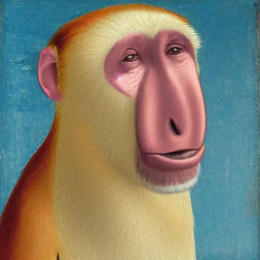 Portrait of a Proboscis monkey wearing a white wig Stable