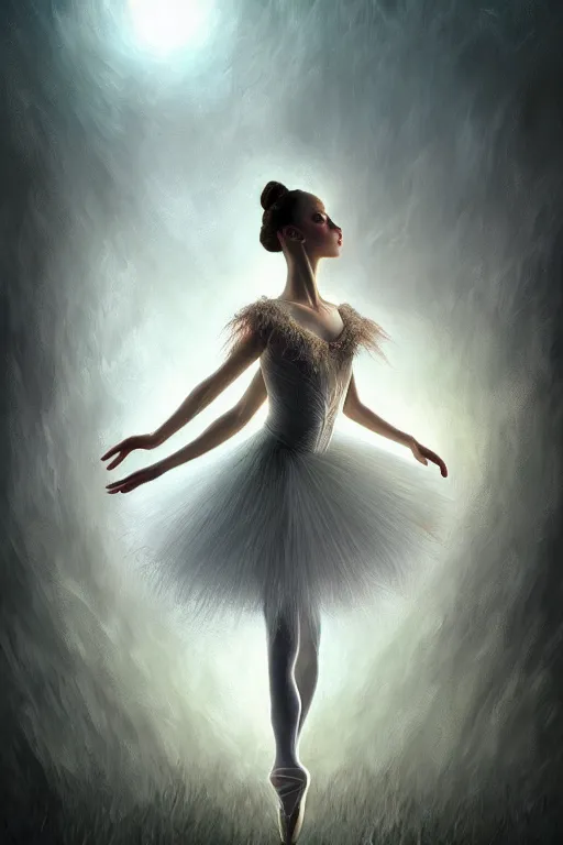 Image similar to prima ballerina, gorgeous, ethereal, intricate, elegant, volumetric lighting, nature scenery, digital painting, highly detailed, artstation, sharp focus, illustration, concept art, clive barker