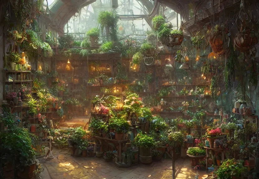 Prompt: a cozy plant shop, a fantasy digital painting by Greg Rutkowski and James Gurney, trending on Artstation, highly detailed