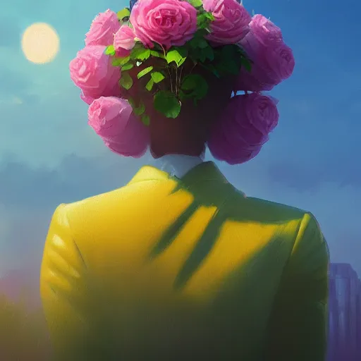 Prompt: closeup, giant rose flower head, frontal, a girl in a suit, surreal photography, sunrise, dramatic light, impressionist painting, digital painting, artstation, simon stalenhag