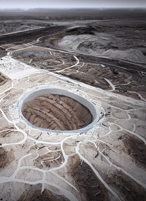 Image similar to bioremediation white architecture, in the mining tailings of chuquicamata, epic, cinematic, hyperealistic, high detailed, corona render, hdr, ray tracing