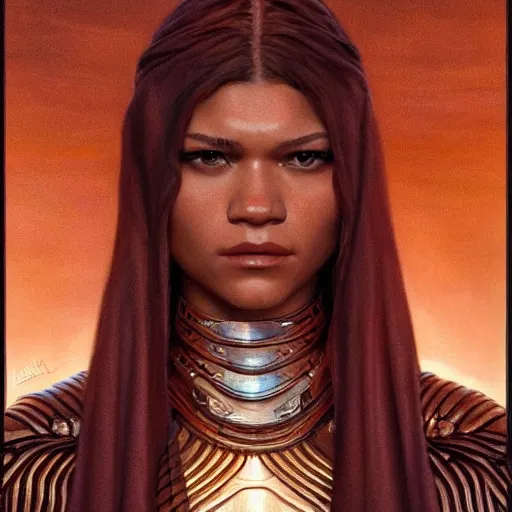 Image similar to zendaya as played in dune, closeup portrait art by donato giancola and greg rutkowski, realistic face, digital art, trending on artstation, symmetry!!