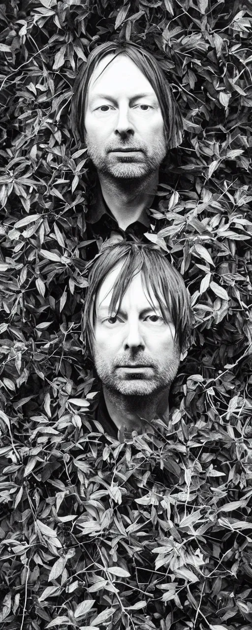 Image similar to disco diffusion portrait of Radiohead, hiding in the bushes looking shifty