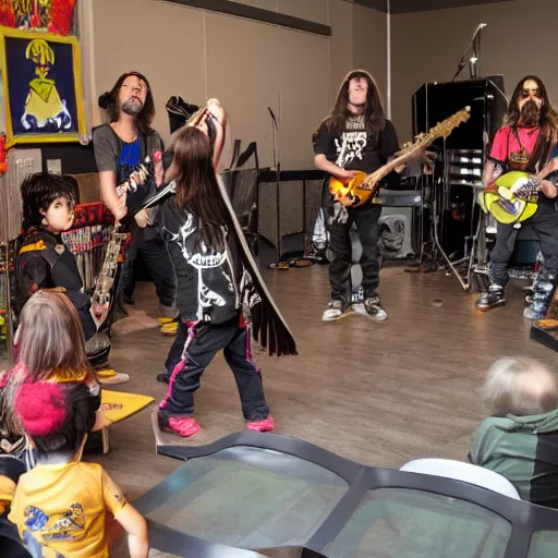 Prompt: of an heavy metal band playing in a kindergarten, highly detailed, realistic