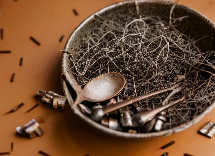 Image similar to dslr photograph of a bowl filled with rusty nails and metal parts with a spoon next to it, 8 5 mm f 1. 8