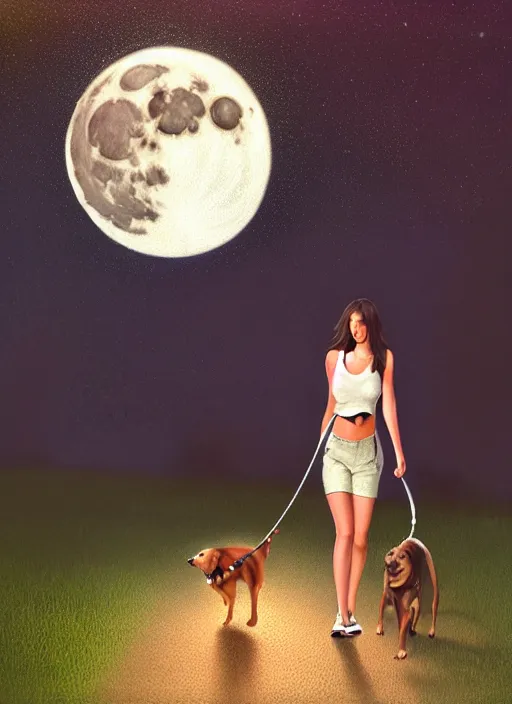 Image similar to young beautiful brown woman walking her dog in a park at night with a full moon, illustration, photoreal, fantasy, trending. masterpiece work of art . oil on canvas. Digitally painted. Realistic. 3D. 8k. UHD.