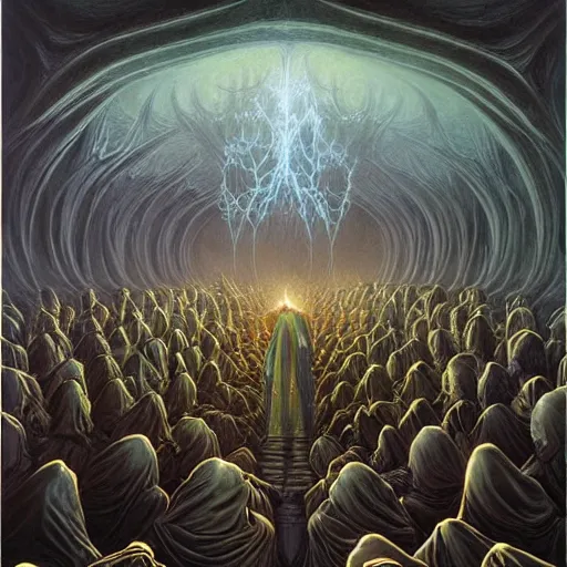 Image similar to a dark cabal of multiple hooded elven mystics in long dark robes gathered in a circular formation around a quantum computer processing the spirits of the dead, dan seagrave art, michael whelan