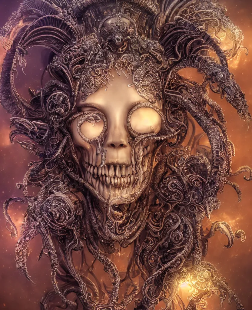 Image similar to close-up macro portrait of the face of a beautiful princess with ram goat satan mask, epic angle and pose, ribcage skeleton symmetrical artwork, 3d with depth of field, blurred background, cybernetic jellyfish female face skull phoenix bird, translucent, nautilus, energy flows of water and fire. a highly detailed epic cinematic concept art CG render. made in Maya, Blender and Photoshop, octane render, excellent composition, cinematic dystopian brutalist atmosphere, dynamic dramatic cinematic lighting, aesthetic, very inspirational, arthouse. y Greg Rutkowski, Ilya Kuvshinov, WLOP, Stanley Artgerm Lau, Ruan Jia and Fenghua Zhong