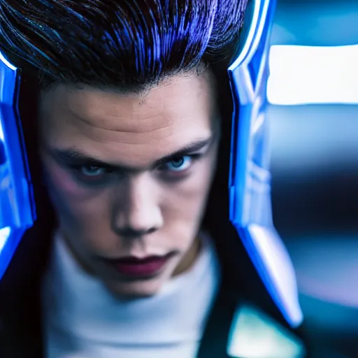 Prompt: low angle shot of austin Butler dressed in dark-blue-futuristic-baroque duelist-garb and carbon-armor, standing in an arena, XF IQ4, f/1.4, ISO 200, 1/160s, 8K, RAW, unedited, symmetrical balance, face in-frame
