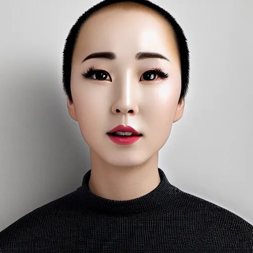 Image similar to photograph portrait bald korean japanese goddess of beauty neutral expression face straight on headshot even lighting no hair texture character creator 4