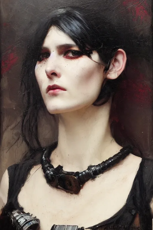 Prompt: Richard Schmid and Jeremy Lipking and Roberto Ferri full length portrait painting of a young beautiful victorian steampunk goth punk rock woman covered head in black except for face