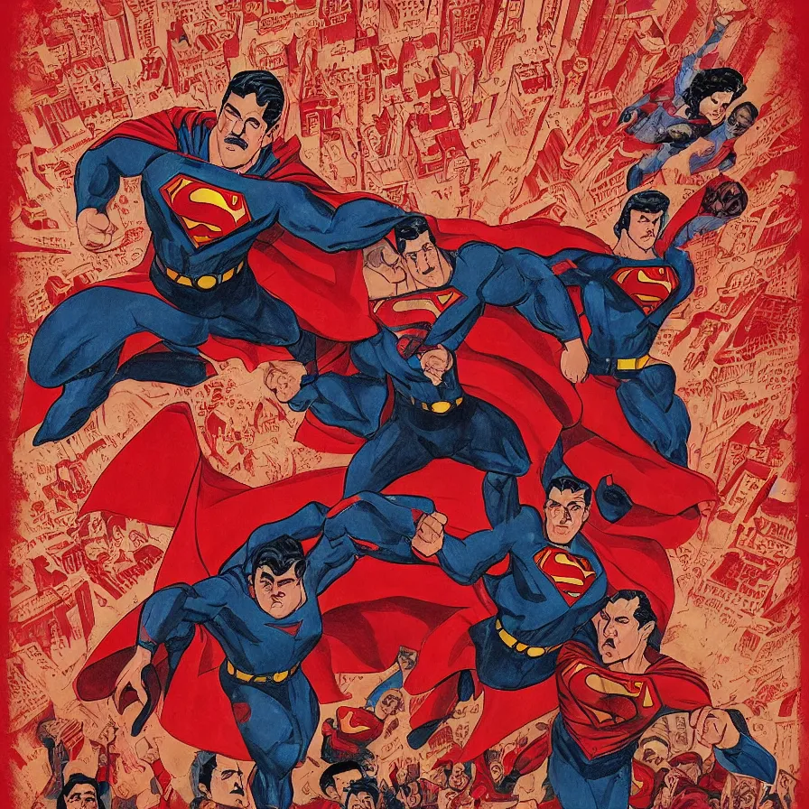 Image similar to epic comic book cover of stalin as superman floating over the red square ( moscow ), soviet propaganda poster, socialist realism, aesthetically pleasing, finely detailed facial features, photorealistic, intricate digital art, trending artstation, artgem, rich moody colors, fan art, concept art, in the style of the red son and invincible