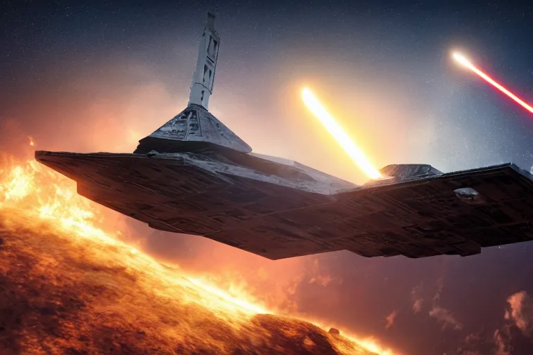 Prompt: Star wars star destroyer spaceship flying over a meteor striking the Earth, fire, smoke, digital art, 4k, trending on artstation, unreal engine, high quality render, volumetric lighting