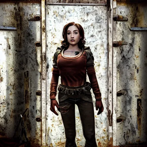 Image similar to fallout 5, charismatic beautiful rugged brunette female protagonist, portrait, outdoors in front of the entrance to vault 1 5 6, atmospheric lighting, painted, intricate, volumetric lighting, beautiful, daytime, sunny weather, slight overcast, sharp focus, deep colours, ultra detailed, by leesha hannigan, ross tran, thierry doizon, kai carpenter, ignacio fernandez rios