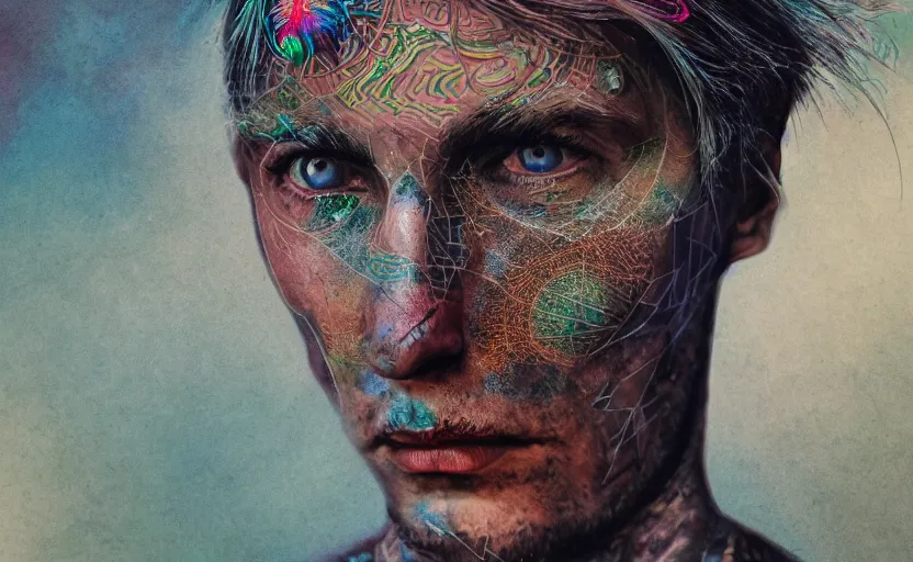 Prompt: hyperrealistic hyper detailed neo-surreal close-up 35mm portrait of levitating psychedelic shaman covered in geometric tattoos rococo matte painting concept art high saturation very dramatic lighting low angle hd 8k sharp shallow depth of field