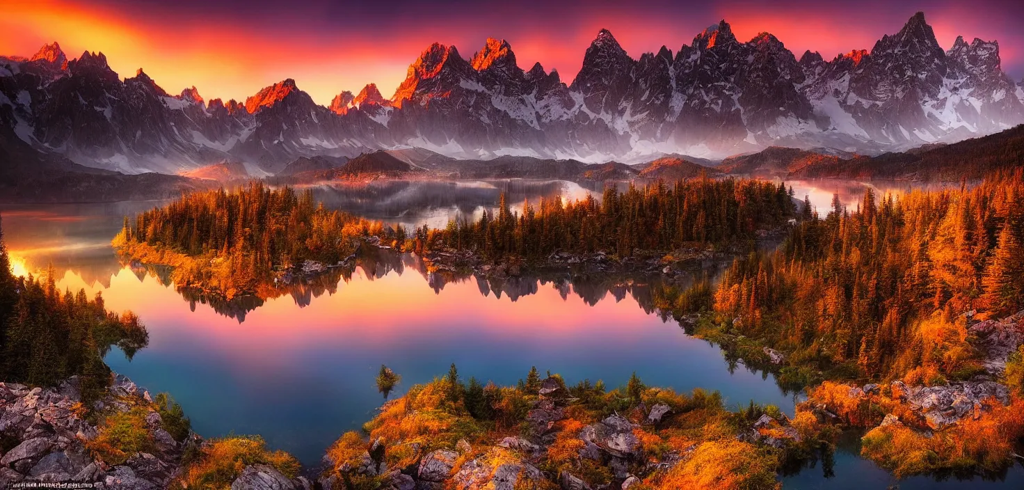 Image similar to amazing landscape photo of mountains with lake in sunset by marc adamus, beautiful dramatic lighting