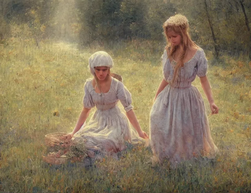 Prompt: peasant girls ivana kupala, midsommart, cottage core, cinematic focus, polaroid photo bleached vintage pastel colors high - key lighting, soft lights, foggy, by steve hanks, by lisa yuskavage, by serov valentin, by tarkovsky, 8 k render, detailed, oil on canvas