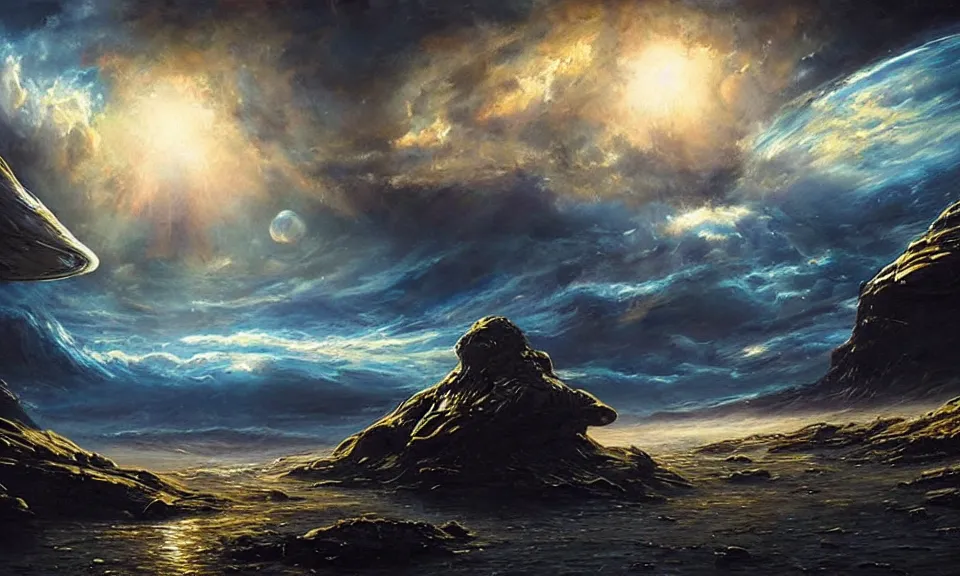 Image similar to the most beautiful landscape, oil painting, alien breathtaking landscape, giant spaceship, cinematic lighting, highly detailed, very realistic