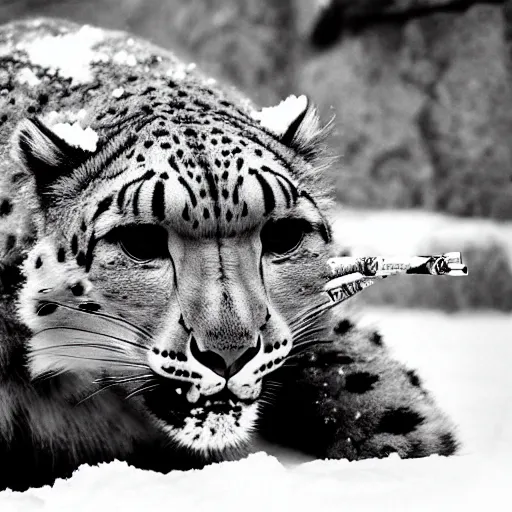 Image similar to Snow leopard smoking a joint, award-winning photo