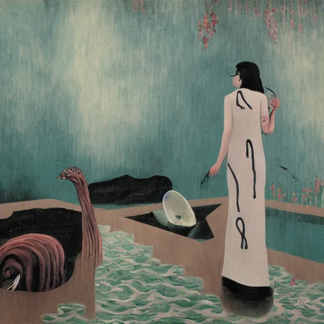 Image similar to tall female emo artist in her flooded kitchen, water gushing from ceiling, painting of flood waters inside an artist's home, a river flooding indoors, pomegranates, pigs, ikebana, zen, water, octopus, river, rapids, waterfall, black swans, canoe, berries, acrylic on canvas, surrealist, by magritte and monet