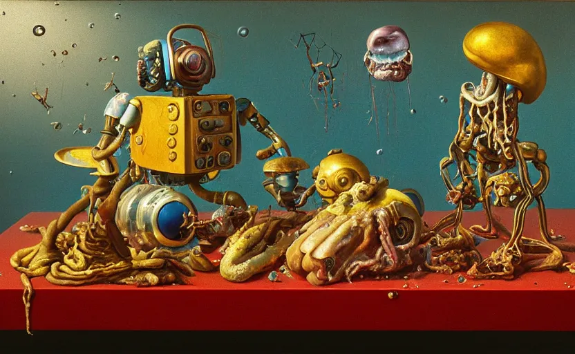 Image similar to strange robot body, disturbing colorful oil painting dutch golden age vanitas still life sparse composition with bizarre objects strange gooey transparent surfaces shiny metal reflections bizarre mutant meat insects rachel ruysch dali todd schorr very detailed perfect composition rule of thirds masterpiece canon 5 0 mm, cinematic lighting, photography, retro, film, kodachrome