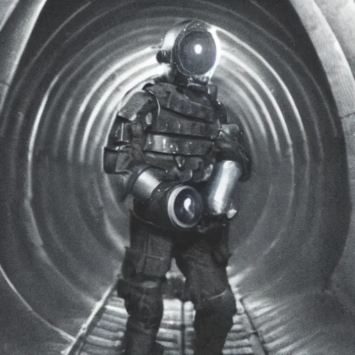 Image similar to a heavily armored man wearing a gasmask, walking through dark tunnel, holding glowing lantern, film still, arriflex 3 5