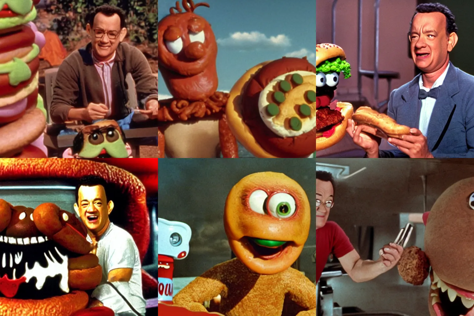 Prompt: Color movie still of Tom Hanks in 'Hot Dog monster vs Hamburger monster' by Ray Harryhausen
