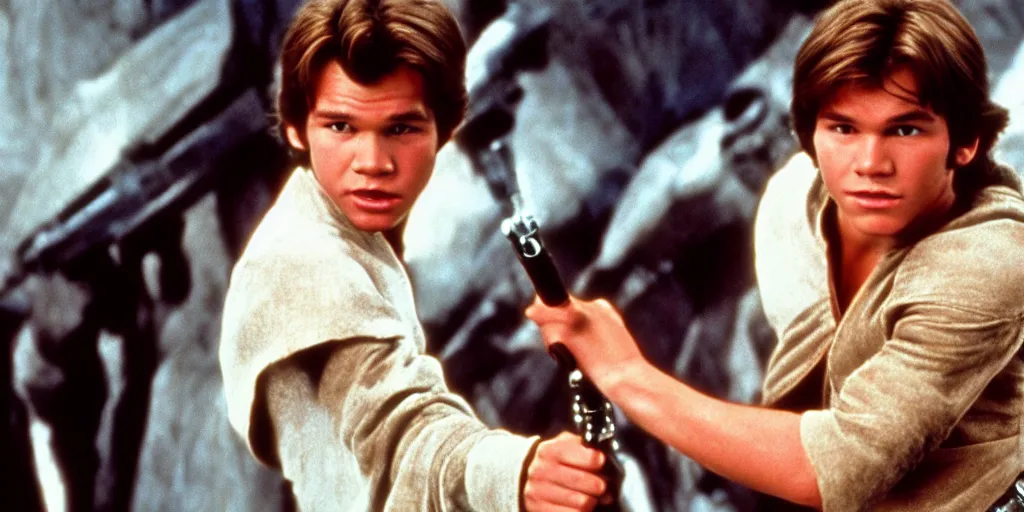 Image similar to A full color still from a film of a teenage Han Solo as a Jedi padawan holding a lightsaber hilt, from The Phantom Menace, directed by Steven Spielberg, 35mm 1990