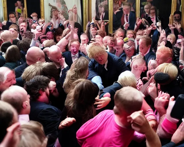 Prompt: boris johnson mosh pit inside a room made out of bubblegum