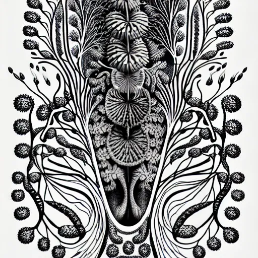 Image similar to a black and white drawing of some plants, an illustration of by ernst haeckel, behance contest winner, generative art, biomorphic, lovecraftian, intricate patterns