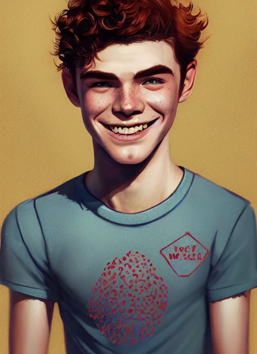 Image similar to portrait of teenage archie andrews, freckles, curly middle part haircut, curly hair, smiling kindly, intricate, elegant, glowing lights, highly detailed, digital painting, artstation, concept art, smooth, sharp focus, illustration, art by wlop, mars ravelo and greg rutkowski