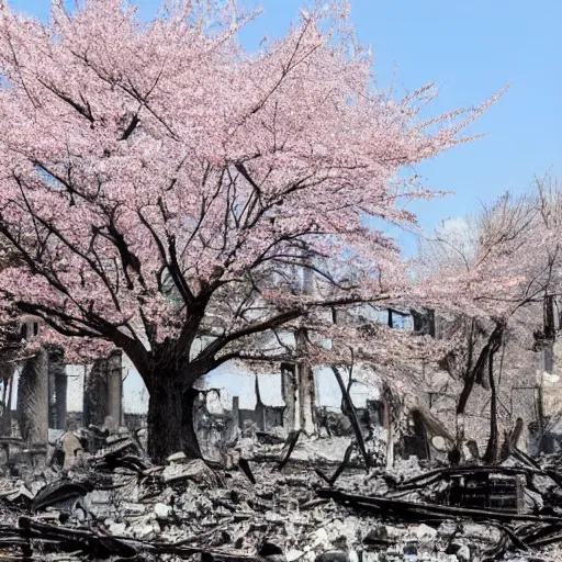 Image similar to a sakura tree in the desolation of the burning ruins around it