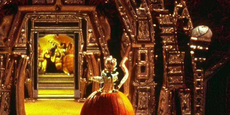 Prompt: cinematography of the 1985 film Return To Oz Character Jack pumpkin head standing in the mirrored palace of princess Mombi in the style of the 1985 film Return To Oz Shot on Film by Return To Oz Cinematographer David Watkin on a cooke panchro 18mm lens.