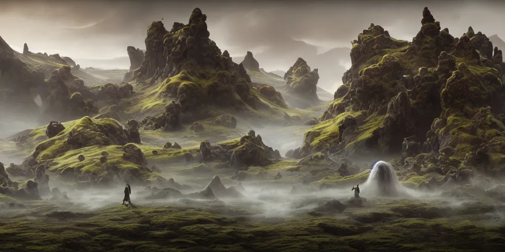 Prompt: infinite final fantasy iceland landscape, moody, warm tones, roger dean, michal karcz, sophie anderson, esao andrews, ornate, dynamic, particulate, intricate, elegant, highly detailed, centered, artstation, smooth, sharp focus, octane render, 3 d