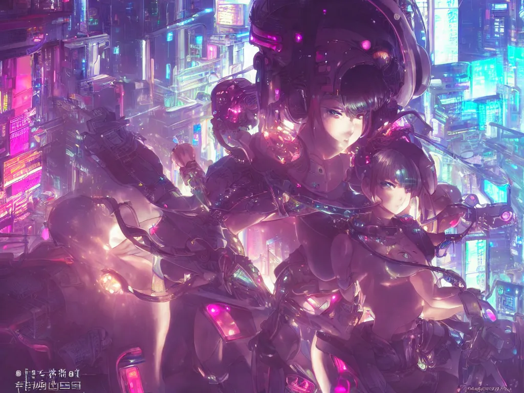 Image similar to anime key visual of futuristic cyber warrior girl, on cyberpunk tokyo rooftop, ssci - fi and fantasy, intricate and very beautiful, neon light, digital painting, artstation, concept art, smooth, illustration, art by rongzhen luo, rossdraws and huaixuan xiang and alphonse mucha and wlop