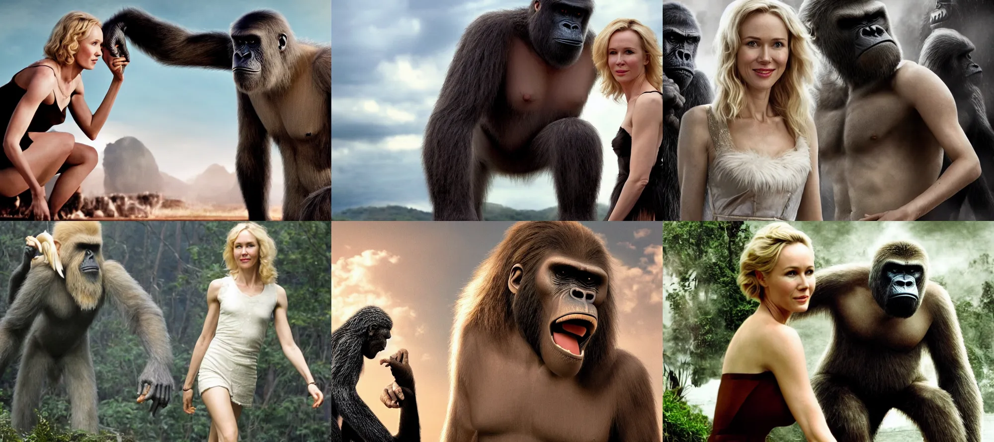 Prompt: naomi watts and king kong in the style of leda and the swan