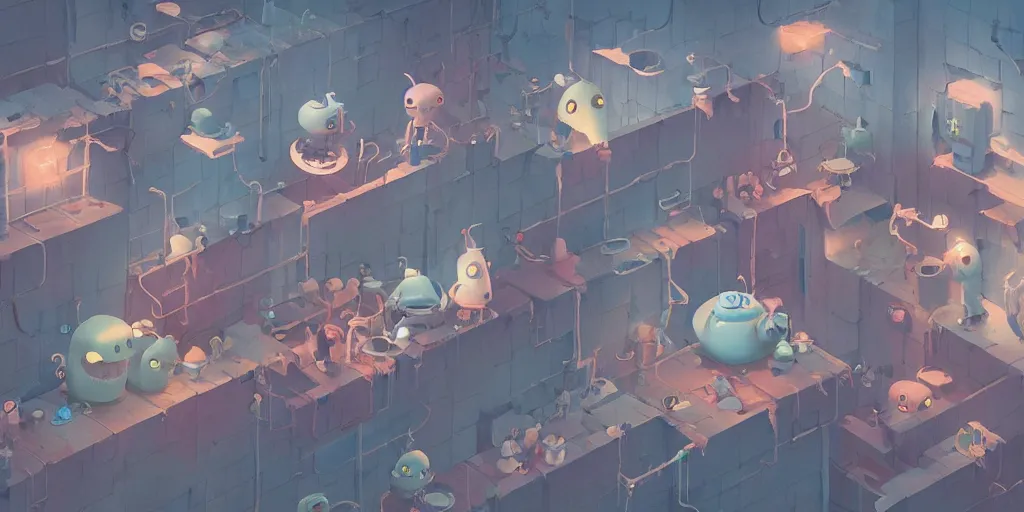 Image similar to cute monsters drinking tea by Goro Fujita and Simon Stalenhag , 8k, trending on artstation, hyper detailed, cinematic