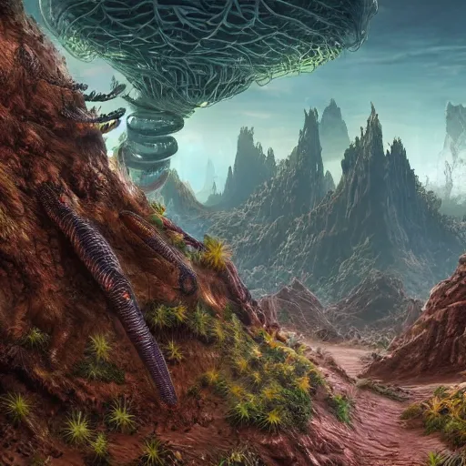 Image similar to An otherwordly, alien landscape with strange plants and creatures, realistic, ultra high detail.