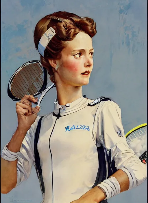 Prompt: a copic maker art nouveau portrait of a tennis player girl finely detailed features wearing an eva pilot suit designed by balenciaga by john berkey, norman rockwell akihiko yoshida