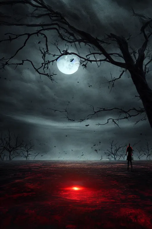 Image similar to death comforting life, perfectly circle red moon in the sky, dark and dim lighting, night, storm of all storms, weird, spooky, enchanted scene, evil, beautiful, spooky, haunted, environment concept, cgsociety, environment 8K artstation, cinematic lighting, intricate details, extreme beauty, Unreal Engine 5