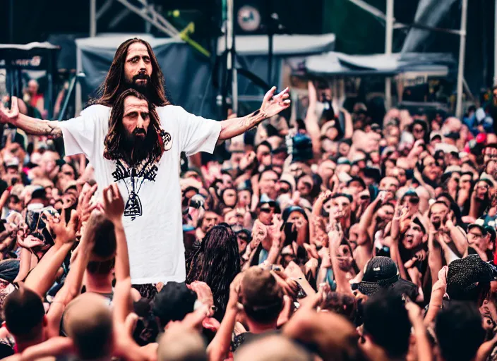 Image similar to photo still of jesus christ on stage at vans warped tour!!!!!!!! at age 3 2 years old 3 2 years of age!!!!!!! throwing bibles to the crowd, 8 k, 8 5 mm f 1. 8, studio lighting, rim light, right side key light