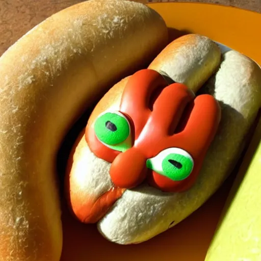 Prompt: pepe the frog in a hot dog bun on a grill.