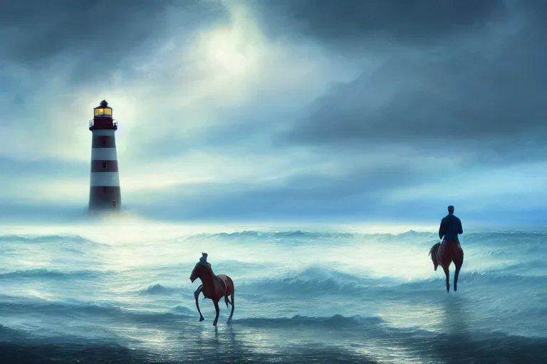 Image similar to photo of man riding a horse along the beach, glowing underwater waves toward a lighthouse in the distance guiding his way, silhouette, wide horizon, large white clouds, seagulls, night, intricate, elegant, highly detailed, digital painting, artstation, concept art, smooth, sharp focus, illustration, art by artgerm and greg rutkowski and fra angelico