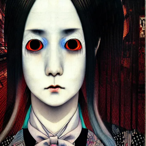 Image similar to yoshitaka amano blurred and dreamy realistic portrait of a woman with black eyes and white hair wearing dress suit with tie, junji ito abstract patterns in the background, satoshi kon anime, noisy film grain effect, highly detailed, renaissance oil painting, weird portrait angle, blurred lost edges, three quarter view