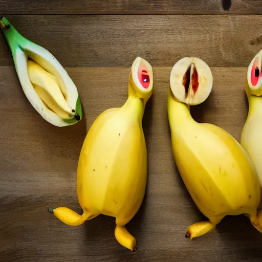 Image similar to professional photograph of banana ducks, peeled bananas with googly eyes and duck beaks