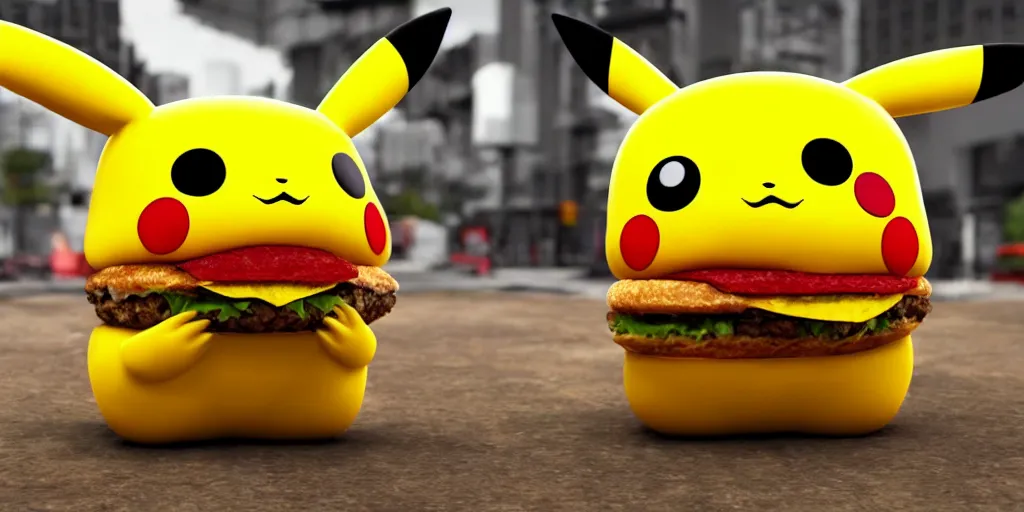 Image similar to Pikachu eating a hamburger, digital art, highly detailed, hyper realistic, unreal engine 5, trending on artstation, 4k uhd, epic composition