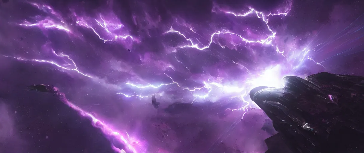 Image similar to purple lightning in space, stars, nebula, matte painting, futuristic, sci fi, style of tim barton digital painting, trending on artstation, high detail, volumetric lighting, godrays