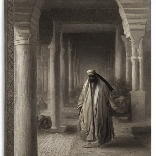 Prompt: a man with somali facial features, long curly hair, inside a masjid, by frederick arthur bridgman