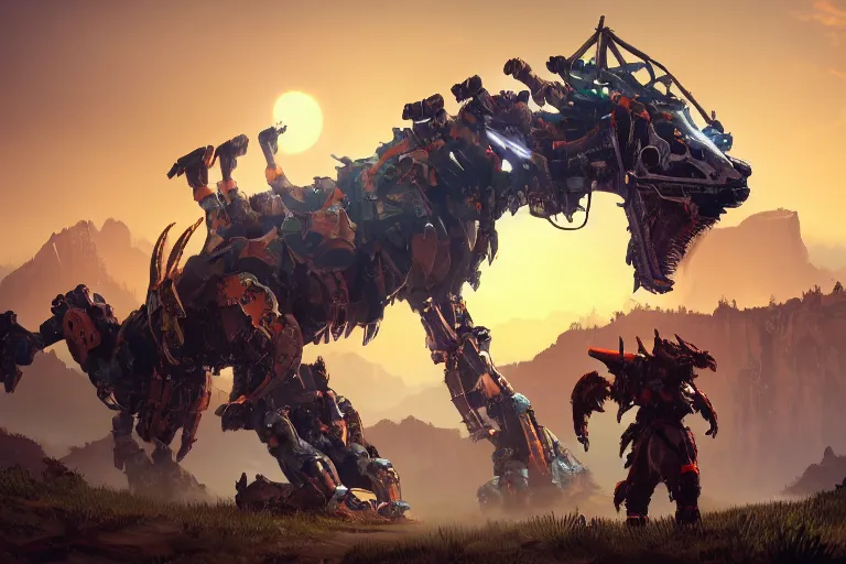 Image similar to grimhorn fanghorn machine mecha animal beast robot of horizon forbidden west horizon zero dawn bioluminiscence global illumination ray tracing hdr fanart arstation by sung choi and eric pfeiffer and gabriel garza and casper konefal