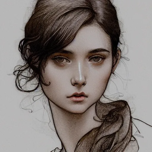 Image similar to pen and ink sketch of a welsh teenage girl with brown hair, glowing skin, delicate features, amelie poulain, fantasy, intricate, elegant, dress shirt and tie, highly detailed, digital painting, artstation, concept art, smooth, sharp focus, illustration, art by Krenz Cushart and Artem Demura and alphonse mucha, black and white